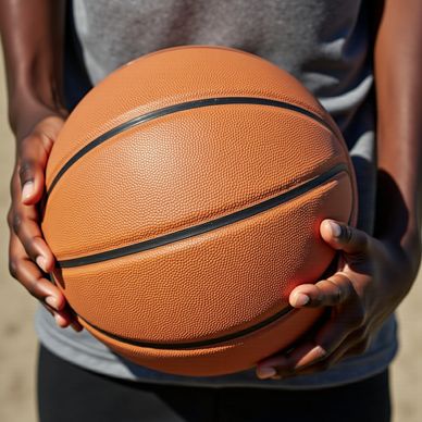 Person holding a basketball with both hands.