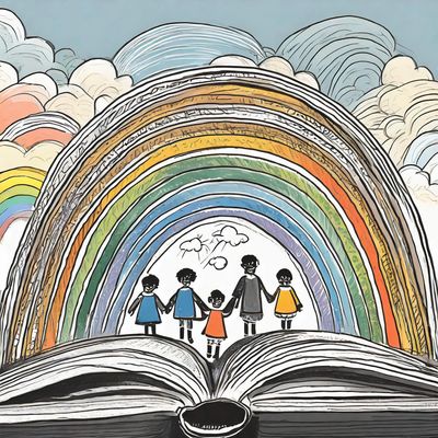 stick figures standing on an open book under a rainbow