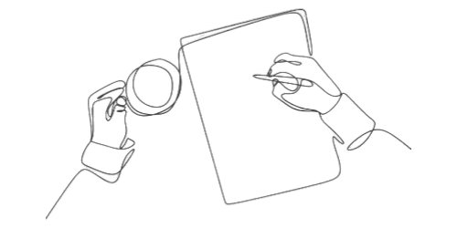 single line drawing of author writing with coffee