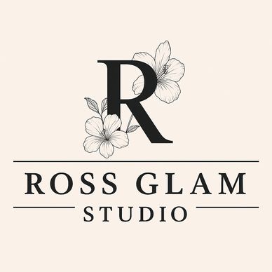 Elegant logo for Ross Glam Studio with floral accents and bold lettering.