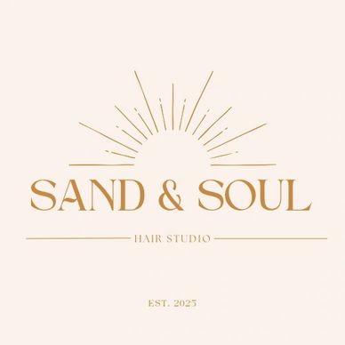 Elegant logo for Sand & Soul Hair Studio with a radiant sun design.
