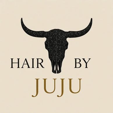 Logo for Hair by Juju with a bull skull graphic.