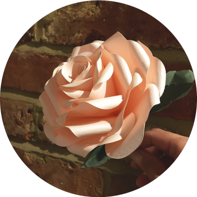 A hand holding a delicate peach-colored paper rose.