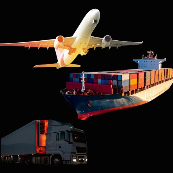 Airplane, cargo ship, and truck representing transportation modes.