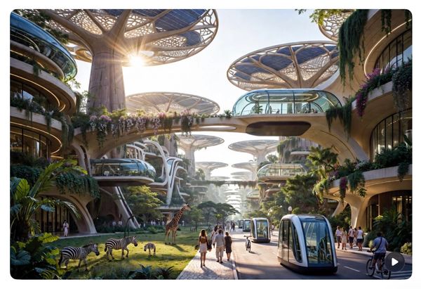 Futuristic cityscape integrating nature with advanced architecture and transportation.
