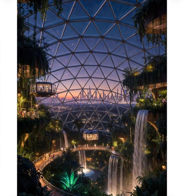 Futuristic indoor garden with waterfalls under a glass dome at sunset.