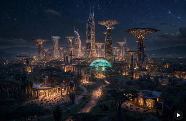 Futuristic cityscape with towering tree-like structures glowing under a starry night.