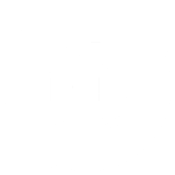 Icon of a house on wheels inside a white circle on black background.
