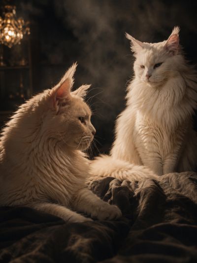 Two majestic, fluffy cats resting indoors with soft lighting.