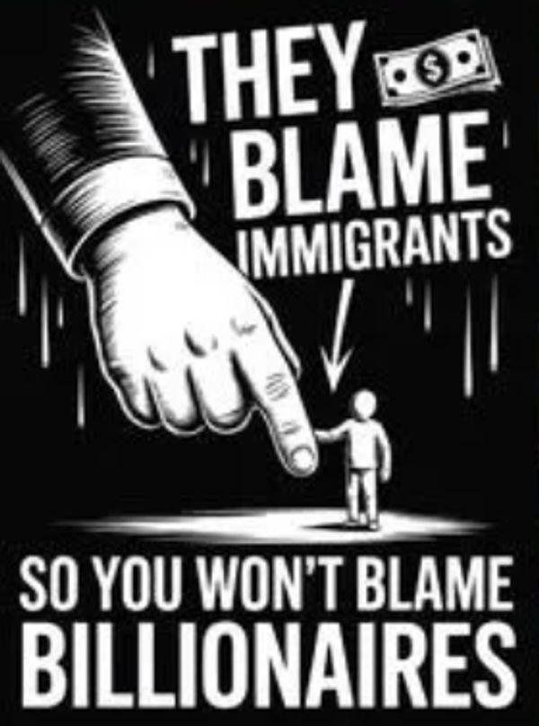 A hand points accusingly at a small figure labeled immigrant, highlighting blame dynamics.