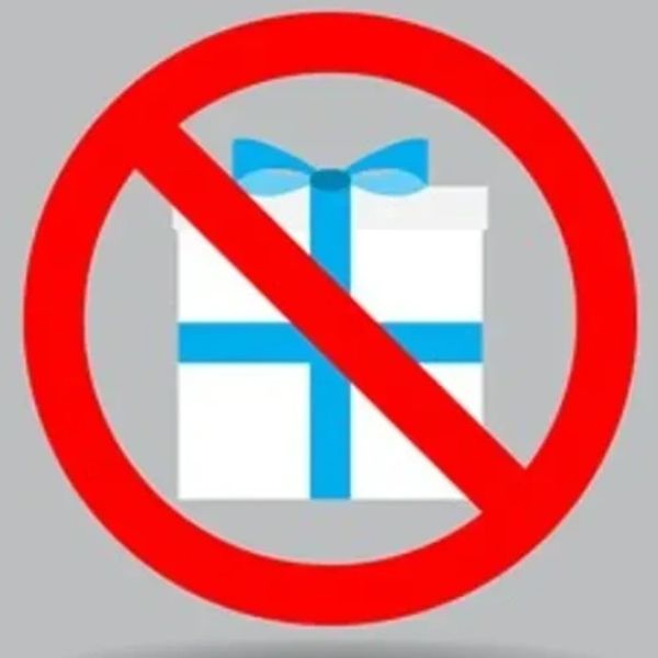 No gifts allowed symbol with a red prohibition circle.