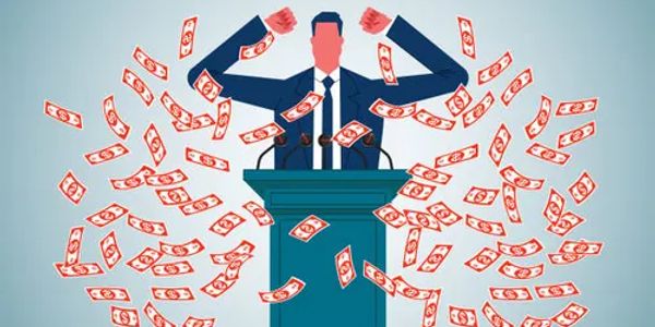 Illustration of a man at a podium with money flying around.