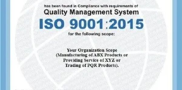 ISO 9001:2015 Quality Management System certificate template for organizations.