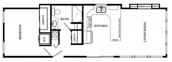 Floor plan of a one-bedroom apartment with kitchen, bath, and living room.