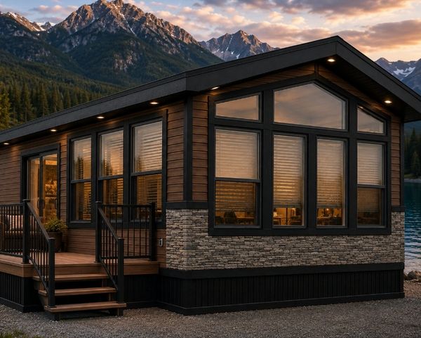 Modern cabin by a lake with mountain view at sunset.