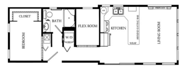Floor plan of a one-bedroom apartment with living room and kitchen.