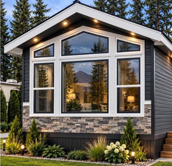 Modern tiny house exterior with large windows and stone accents.