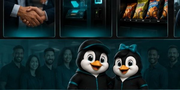 Two animated penguins wearing hoodies pose in front of a blurred group of people and digital screens.