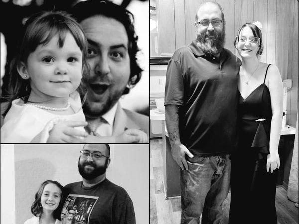 A collage showing different moments of two men with young and grown girls, capturing family bonds.