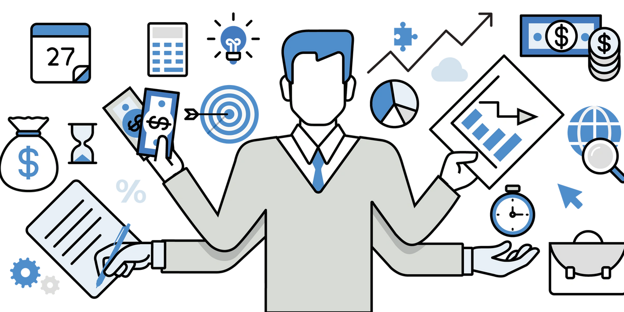 Business project management multitasking flat line vector icons.