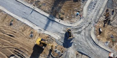 Aerial view of construction site with machinery.