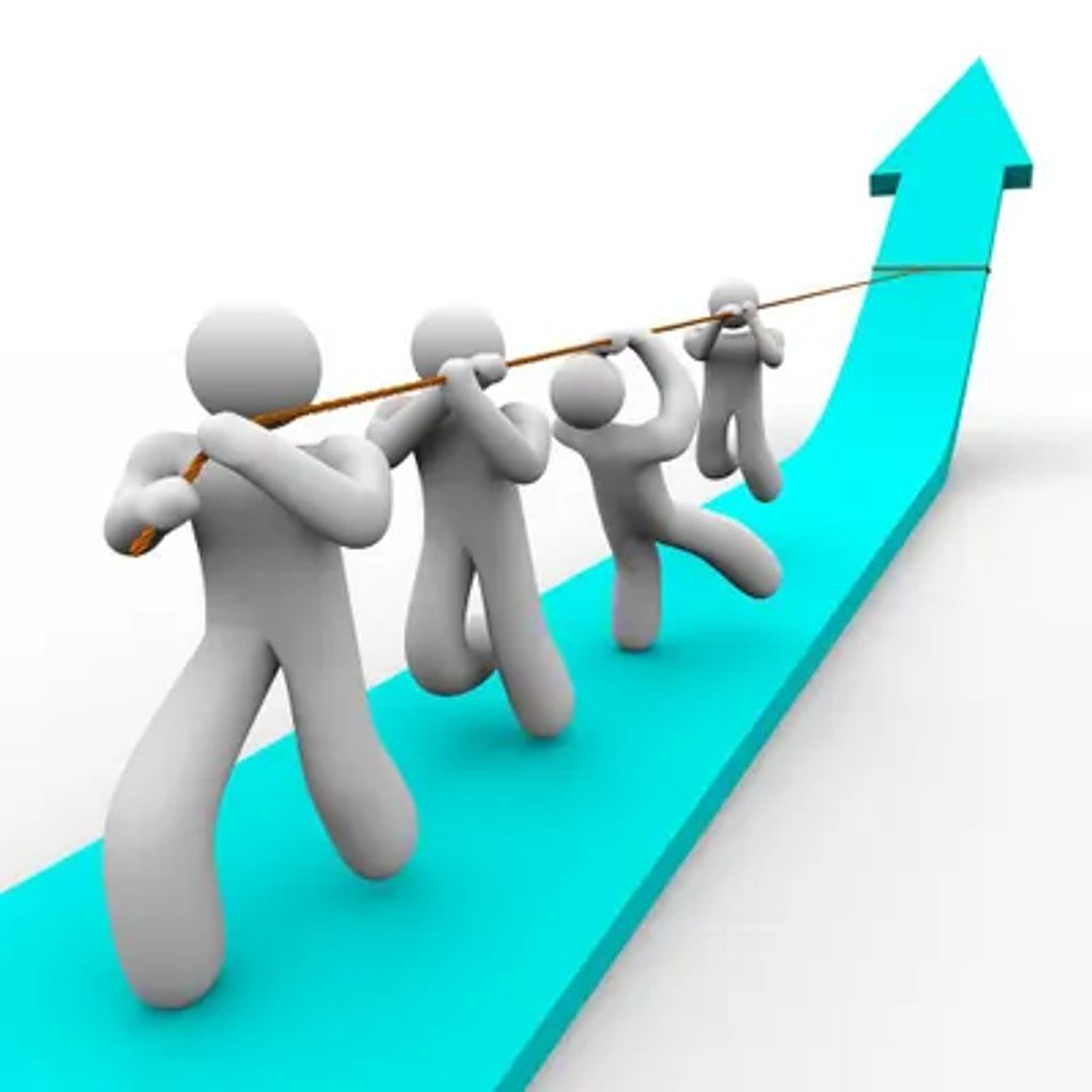 Figures pulling a rope along an upward arrow symbolizing teamwork and growth.