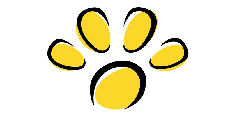 Yellow paw print symbol with black outline.