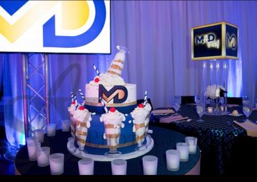 A decorated cake with ice cream cones and candles at an event with M&amp;D branding.