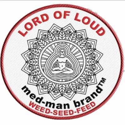 Logo of Lord of Loud med-man brand with a meditative figure and floral design.