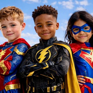 Three kids dressed as superheroes with confident smiles.