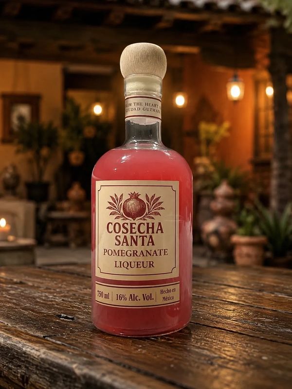 Botella de licor de granada Cosecha Santa sobre mesa de madera.