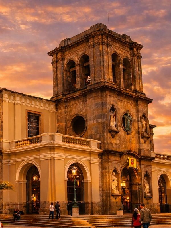 Antigua iglesia histórica al atardecer con cielo colorido.