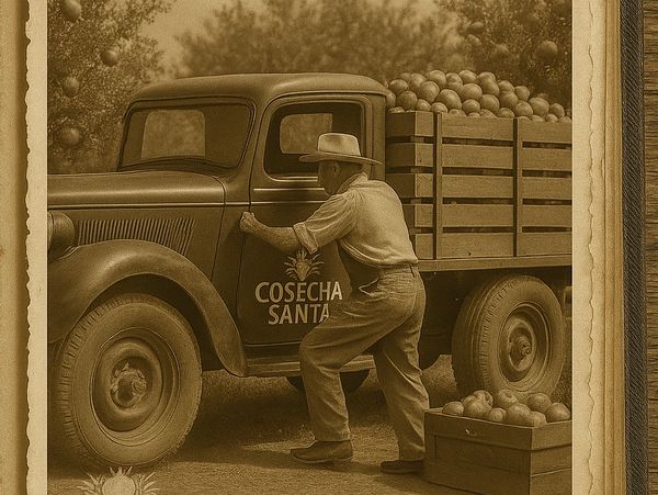 Hombre con camión de cosecha antigua.