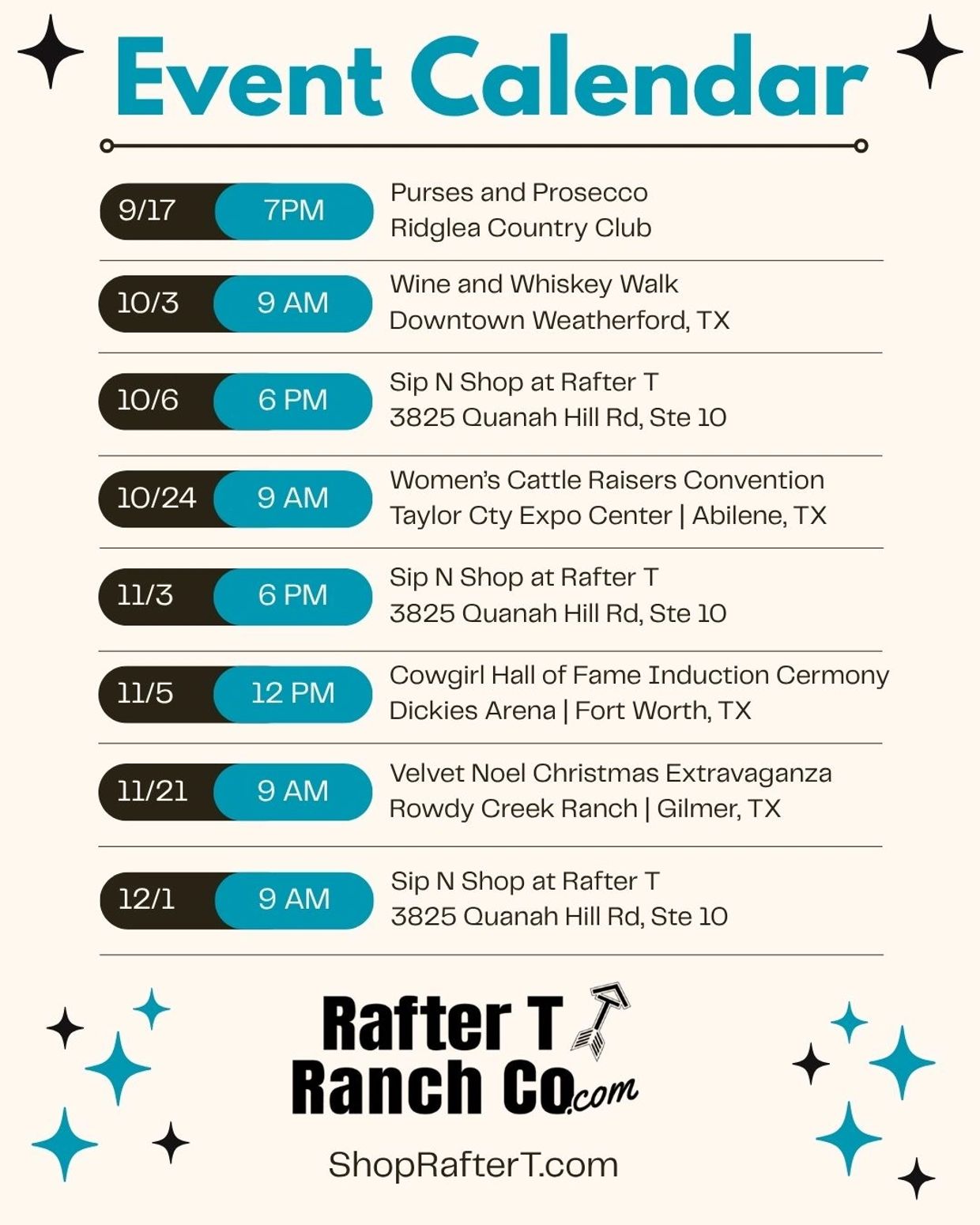 Event calendar with dates and times for various Texas events.
