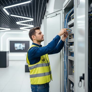 Professional electrician performing commercial electrical installation in a modern building.