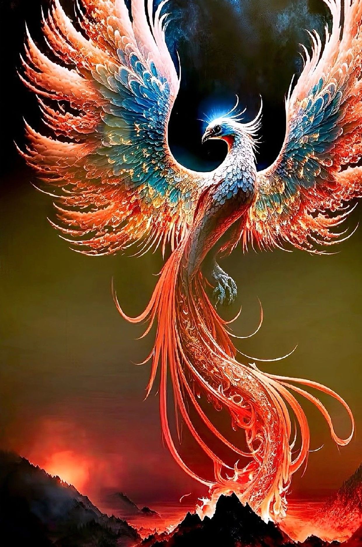 A majestic phoenix with fiery wings rising from volcanic flames.