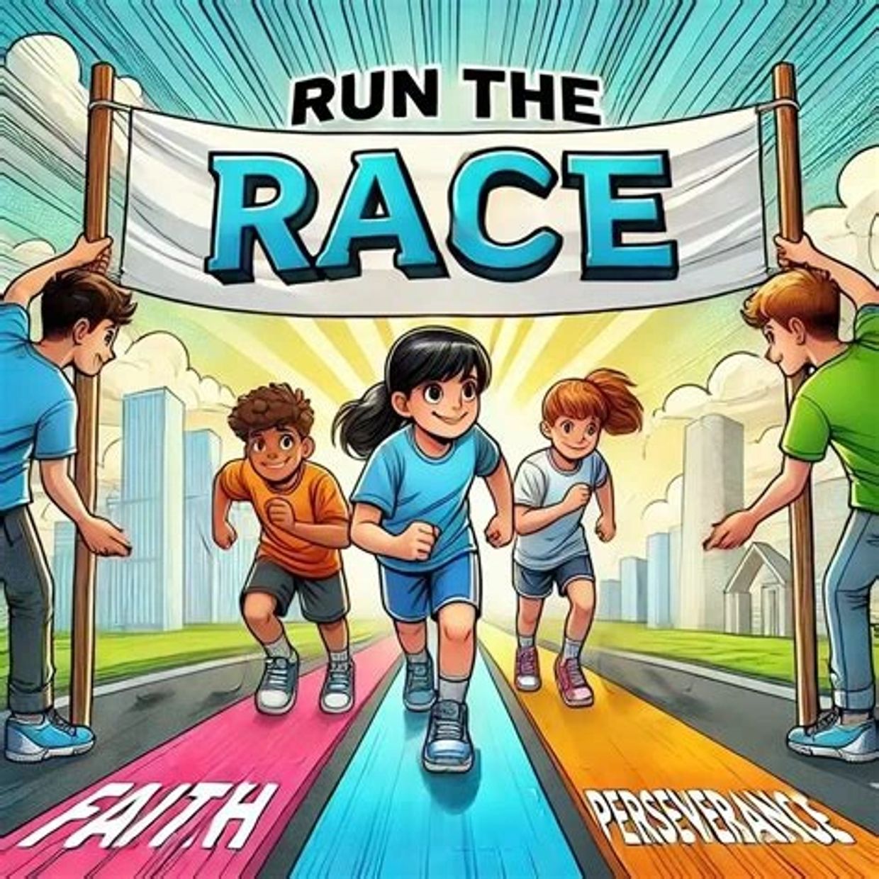 Children run a race symbolizing faith and perseverance under a bright sky.