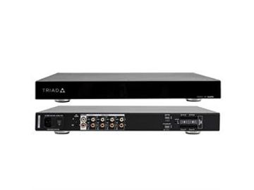 Triad audio amplifier with front and rear views showing input/output ports.