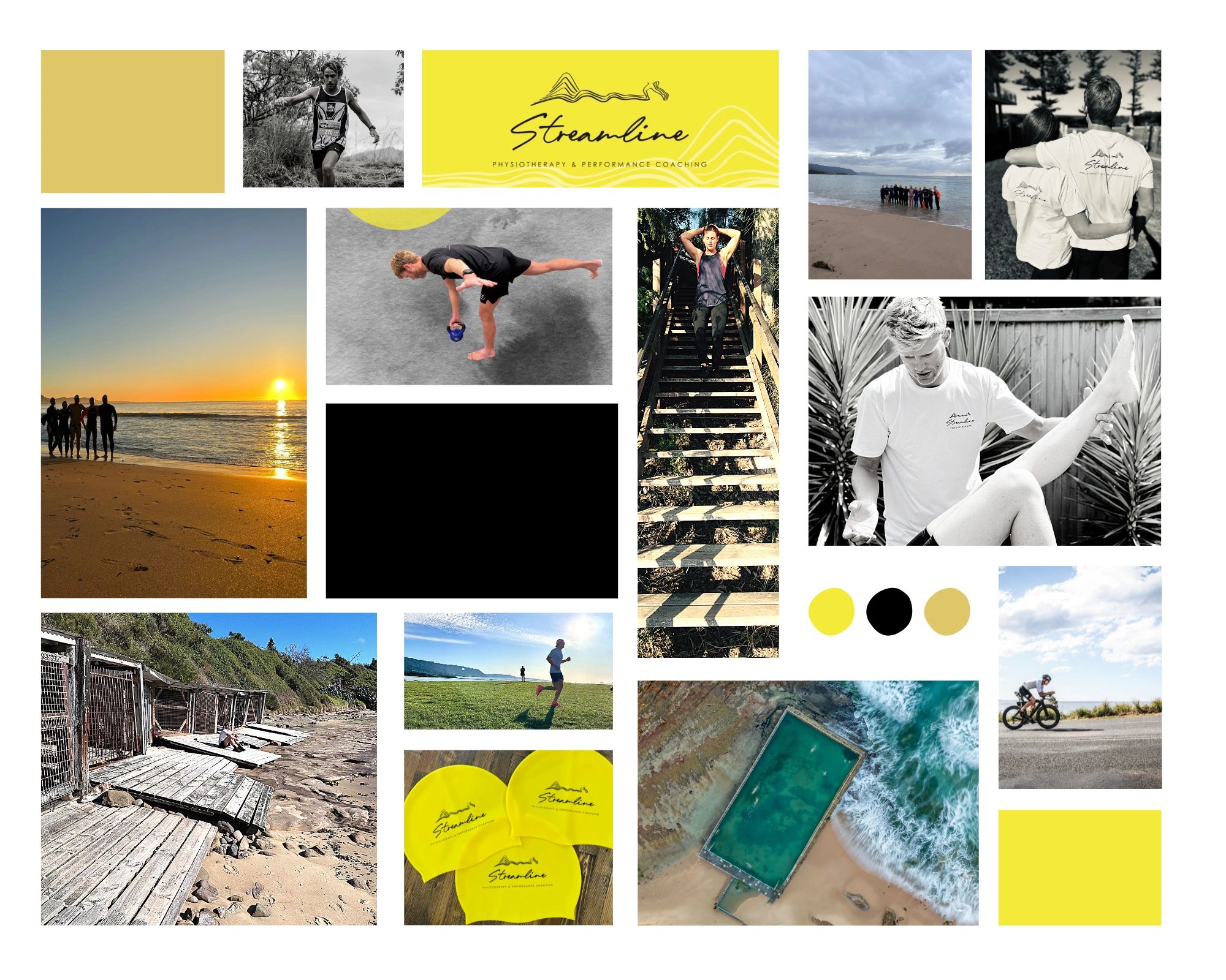 Collage of photos showing swimmers, ocean pool, cyclist, runner, physio exercises, happy community