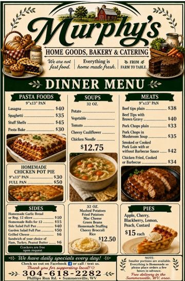 Murphy's dinner menu with a variety of pasta, soups, meats, sides, and pies.