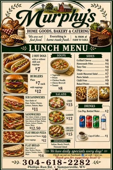 Murphy's lunch menu featuring hot dogs, burgers, soups, salads, and sides.