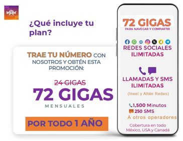 Promoción de plan con 72 GB mensuales y llamadas ilimitadas.