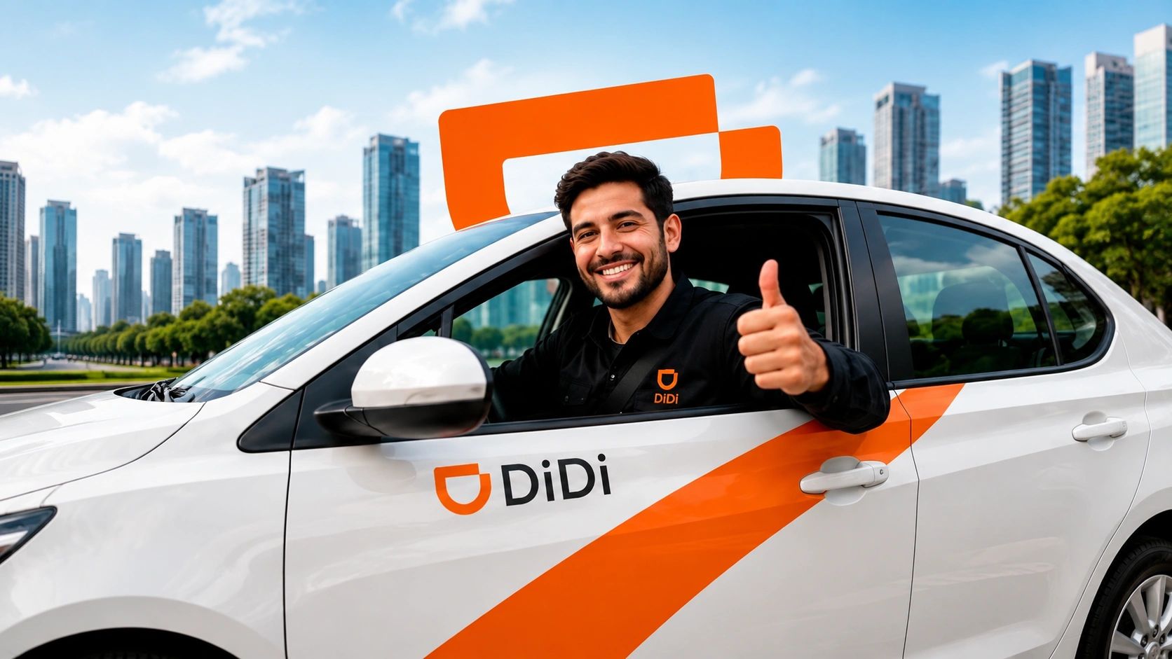 Conductor sonriente de DiDi mostrando pulgar arriba en su auto.