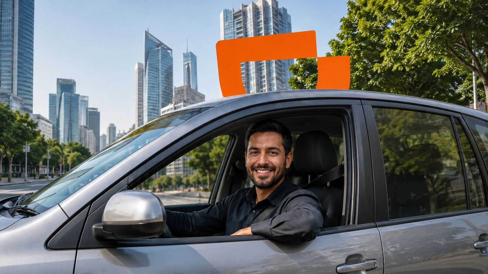 Conductor sonriente en coche con señal naranja en la ciudad.