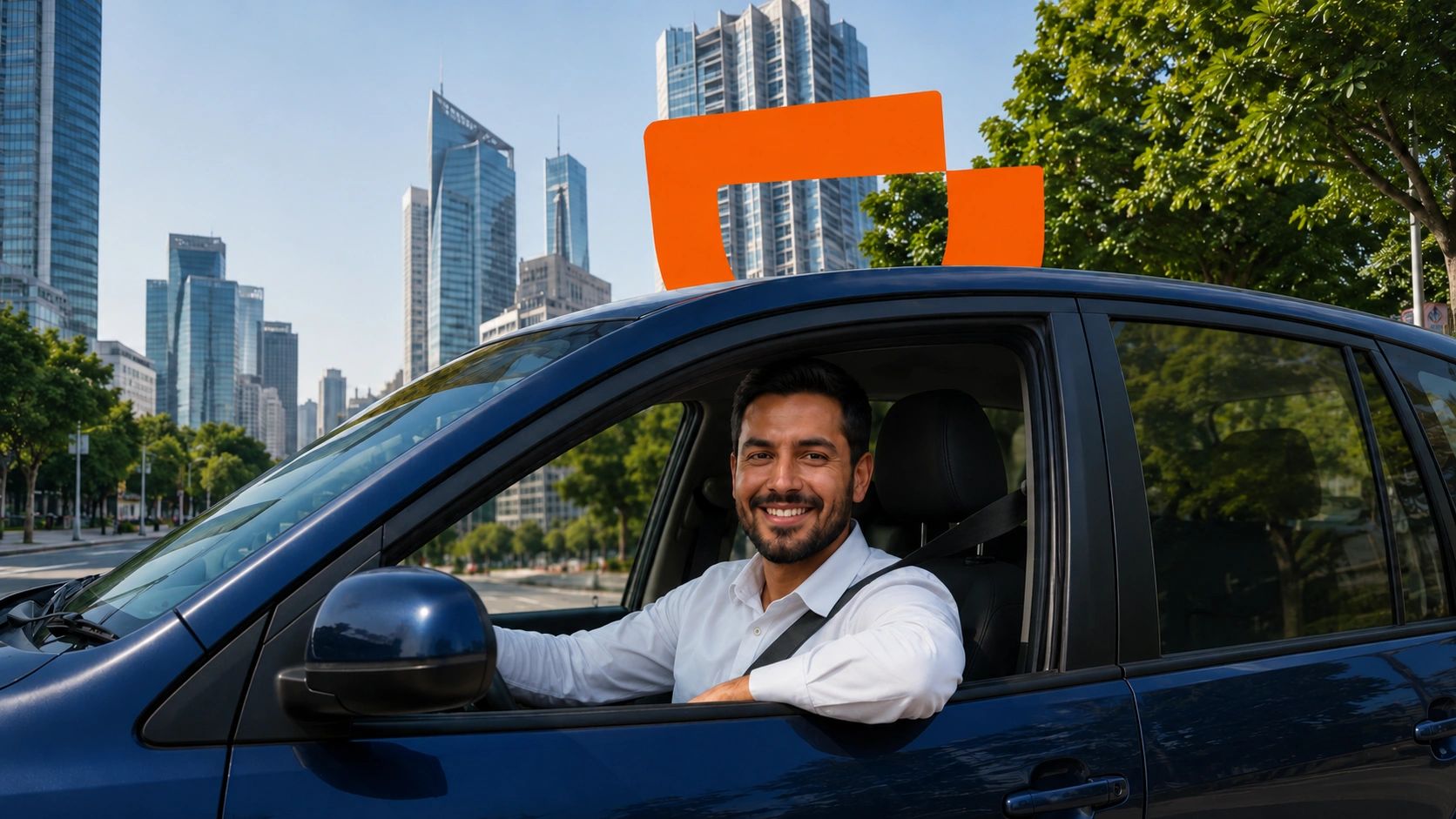 Conductor sonriente en su coche azul con letrero naranja.