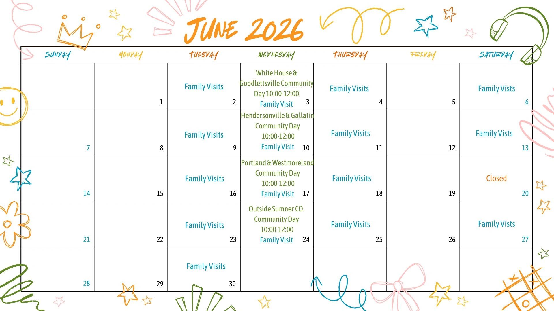 June 2026 calendar with family visits and community days noted.