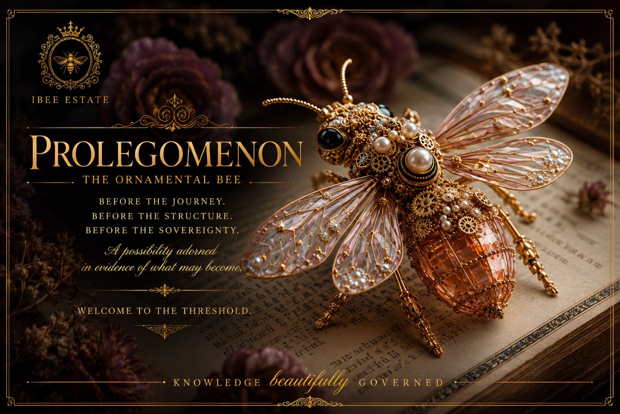 Ornamental bee crafted with gold, pearls, and jewels on an antique book.