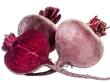 Three whole and one sliced beetroot with visible deep red interior.