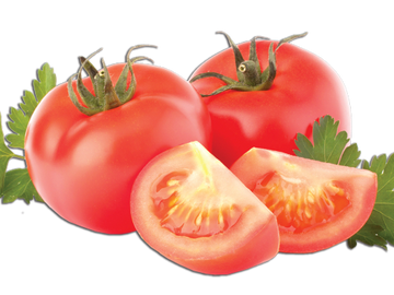 Two whole tomatoes and two tomato wedges with green leaves.