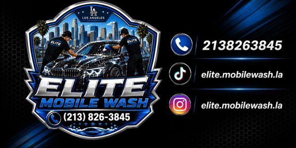 Anuncio de Elite Mobile Wash con contacto y redes sociales.